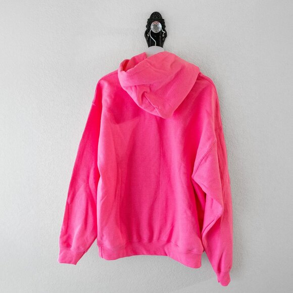 NWOT Gildan Safety Pink Hoodie Pullover Sweatshirt Sz L Heavy Blend Fleece - Picture 7 of 7